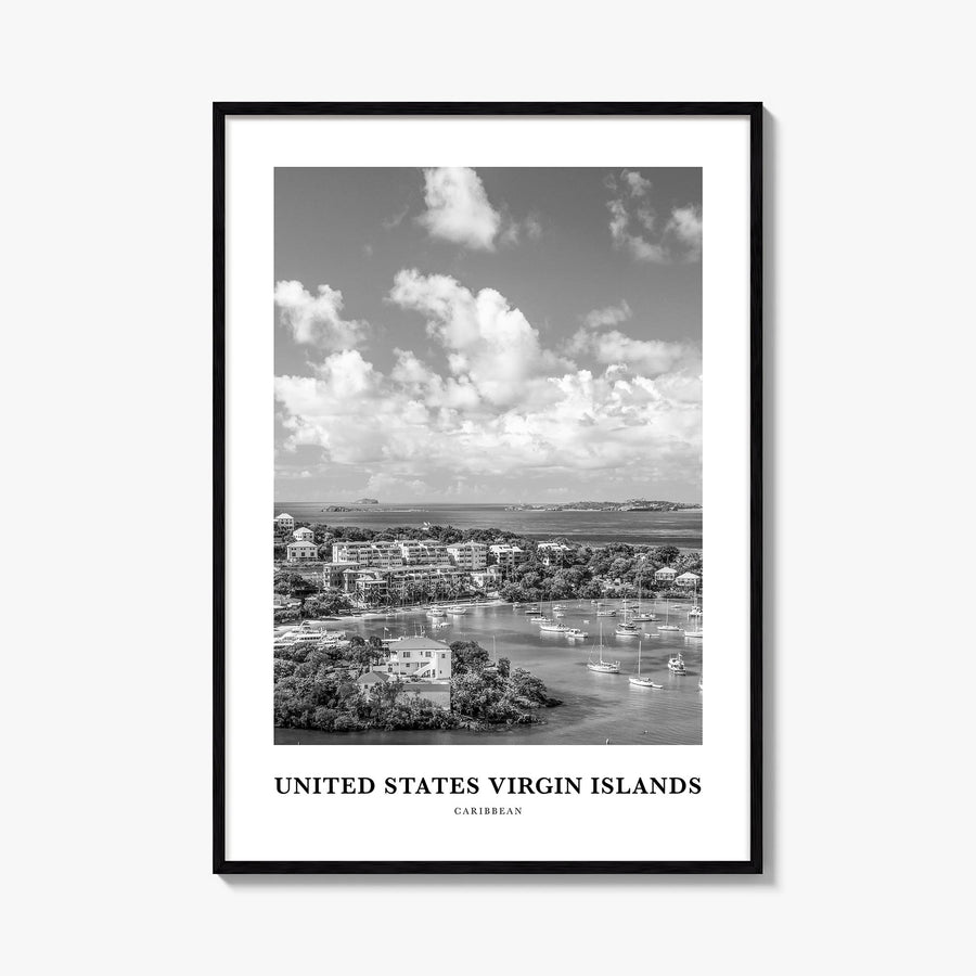 United States Virgin Islands black & white classic poster of Caribbean – vertical wall art, unframed print shown in interior 
