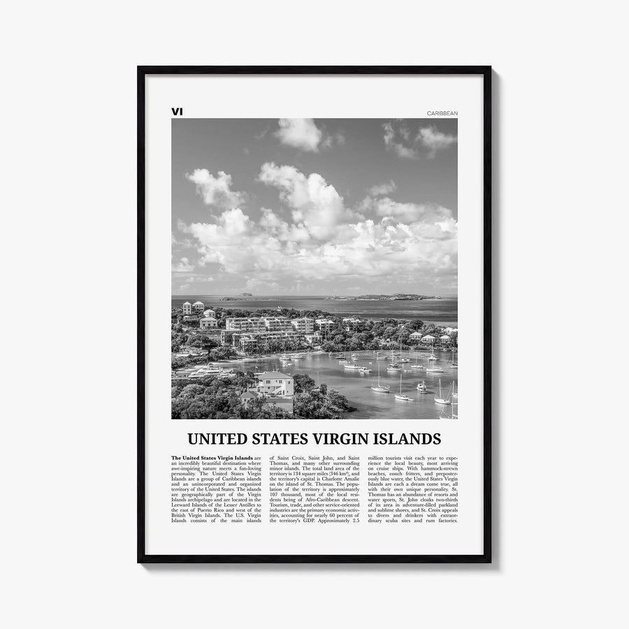 United States Virgin Islands black & white newspaper poster of Caribbean – vertical wall art, unframed print shown in interio