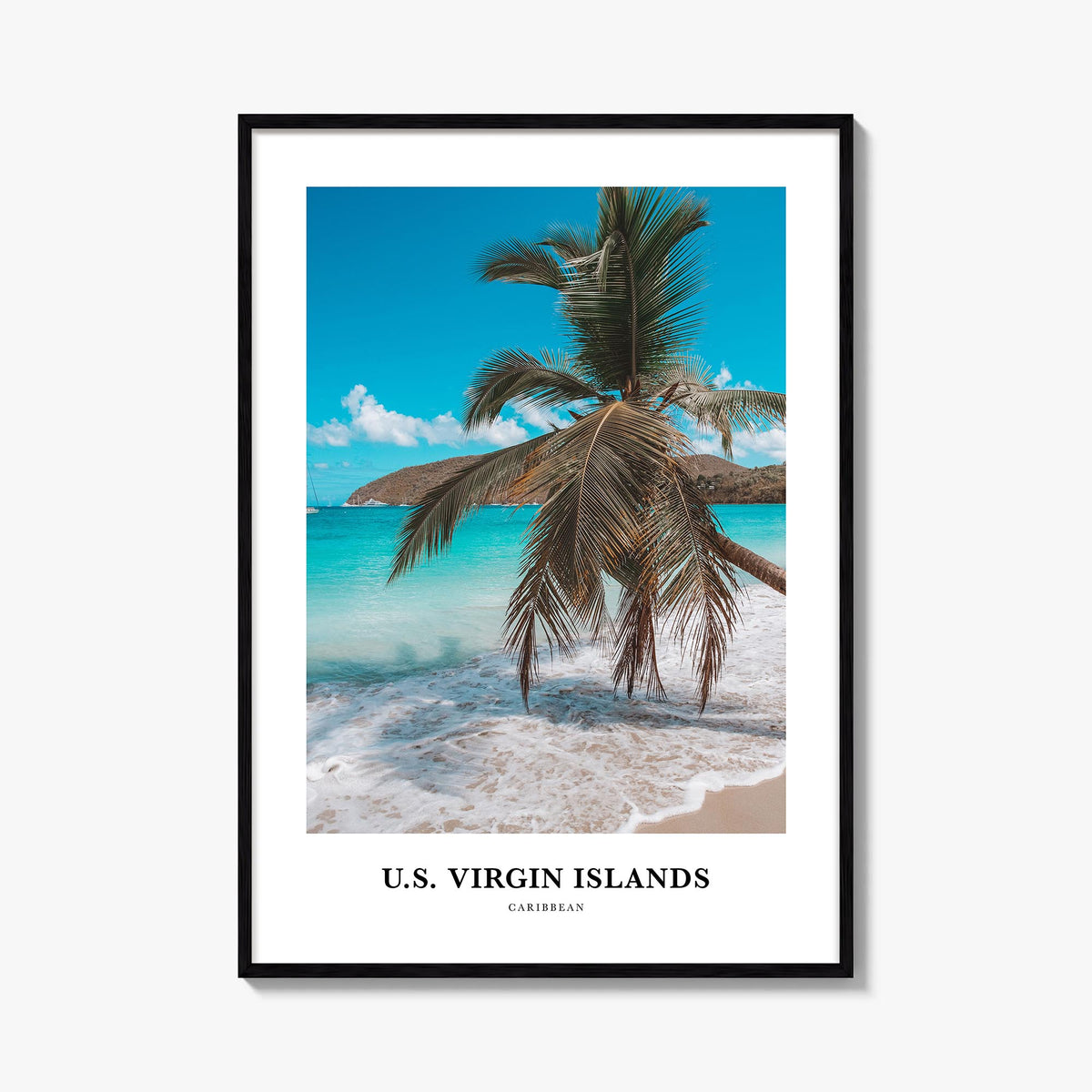 United States Virgin Islands colorful classic poster of Caribbean – vertical wall art, unframed print shown in interior mocku