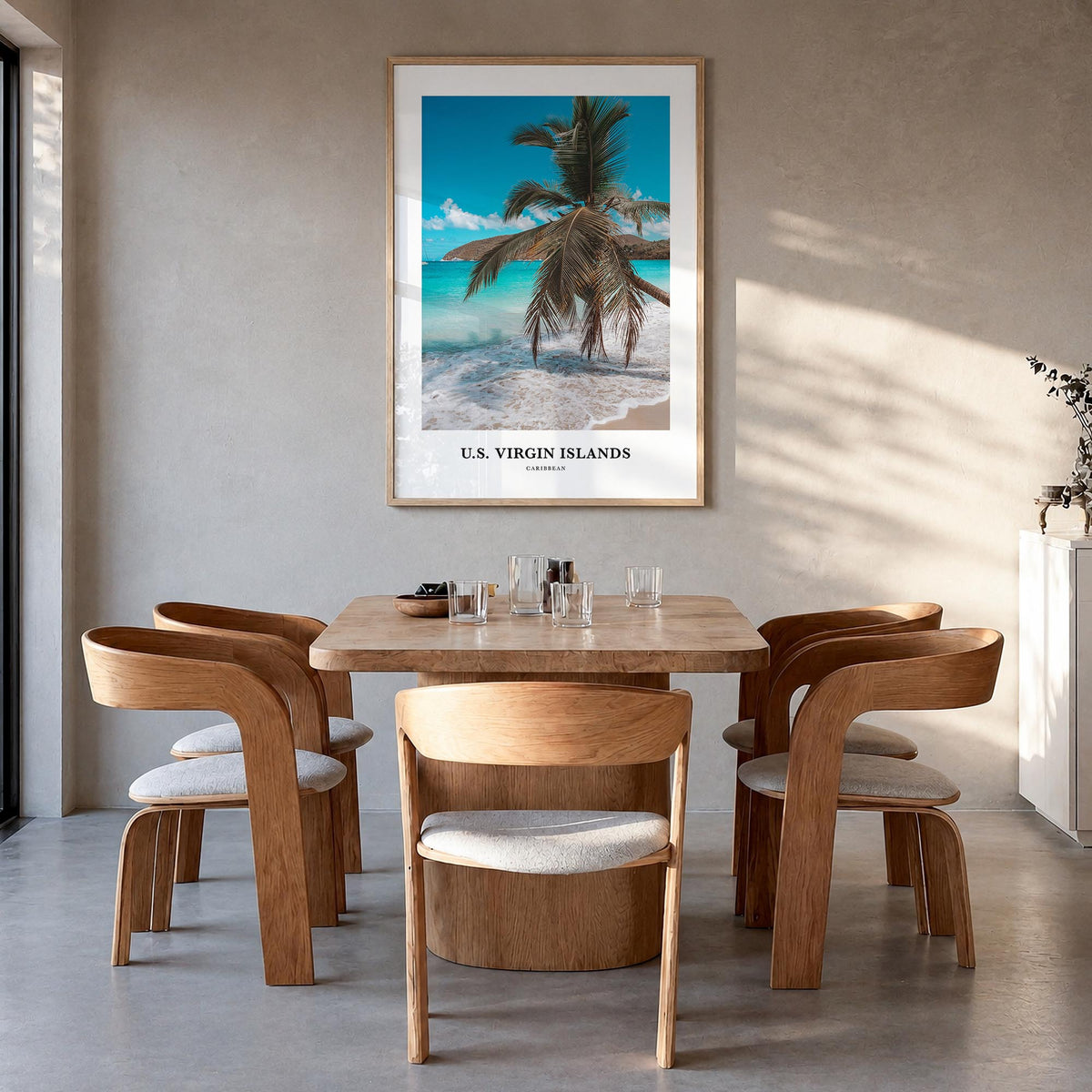 United States Virgin Islands colorful classic poster of Caribbean – vertical wall art in natural wood frame, hanging on wall