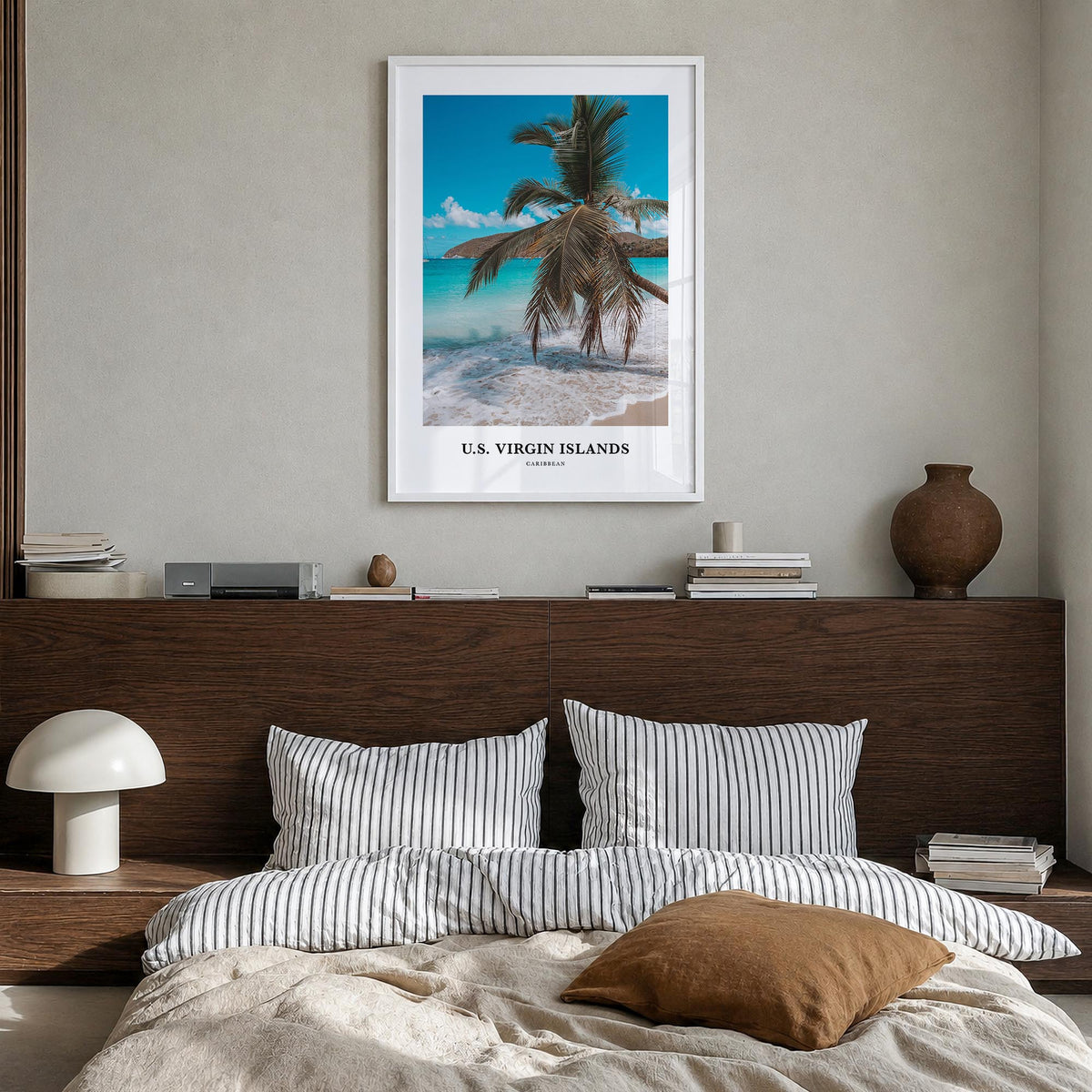 United States Virgin Islands colorful classic poster of Caribbean – vertical wall art in white wood frame, hanging on wall
