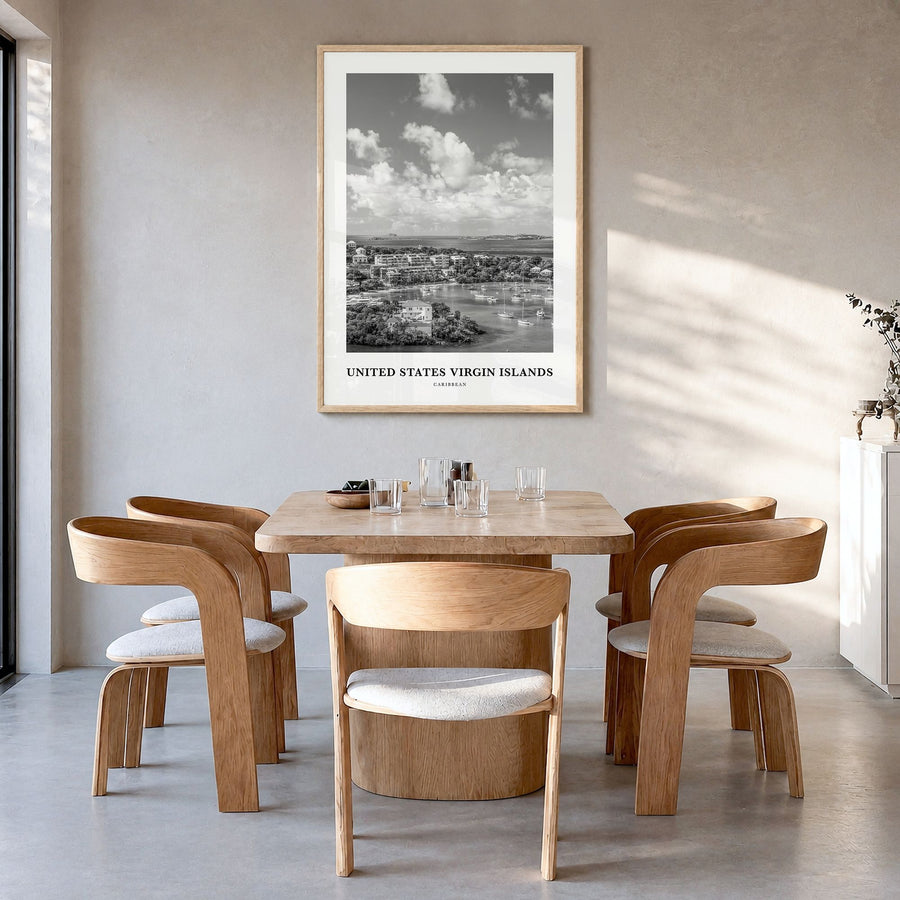 United States Virgin Islands Classic Poster in a natural wood frame, hanging in a dining room