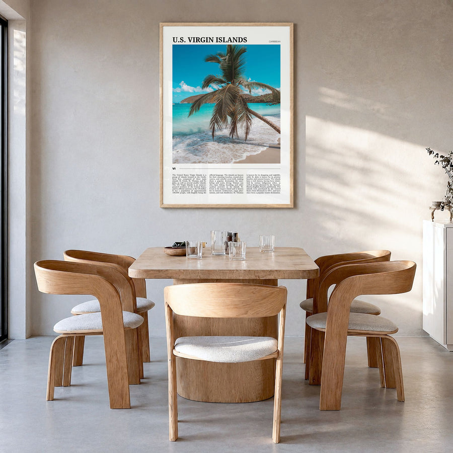 U.S. Virgin Islands Travel Poster in a natural wood frame, hanging in a dining room