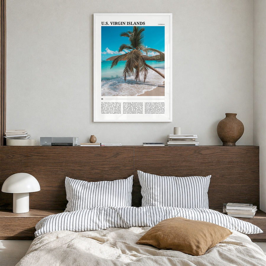 U.S. Virgin Islands Travel Poster in a white wood frame, hanging in a bedroom