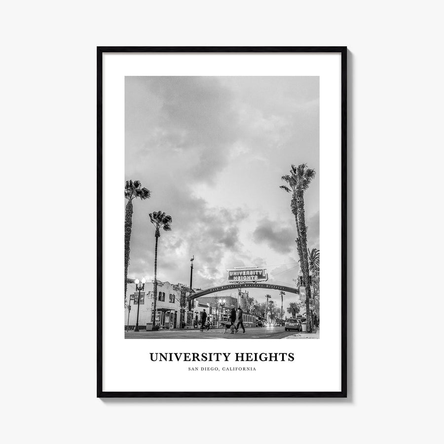 University Heights black & white classic poster of San Diego, California – vertical wall art, unframed print shown in interio