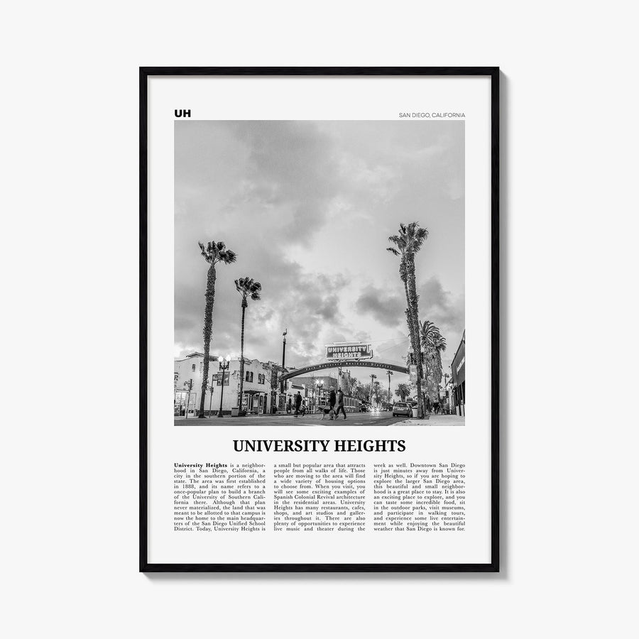 University Heights black & white newspaper poster of San Diego, California – vertical wall art, unframed print shown in inter