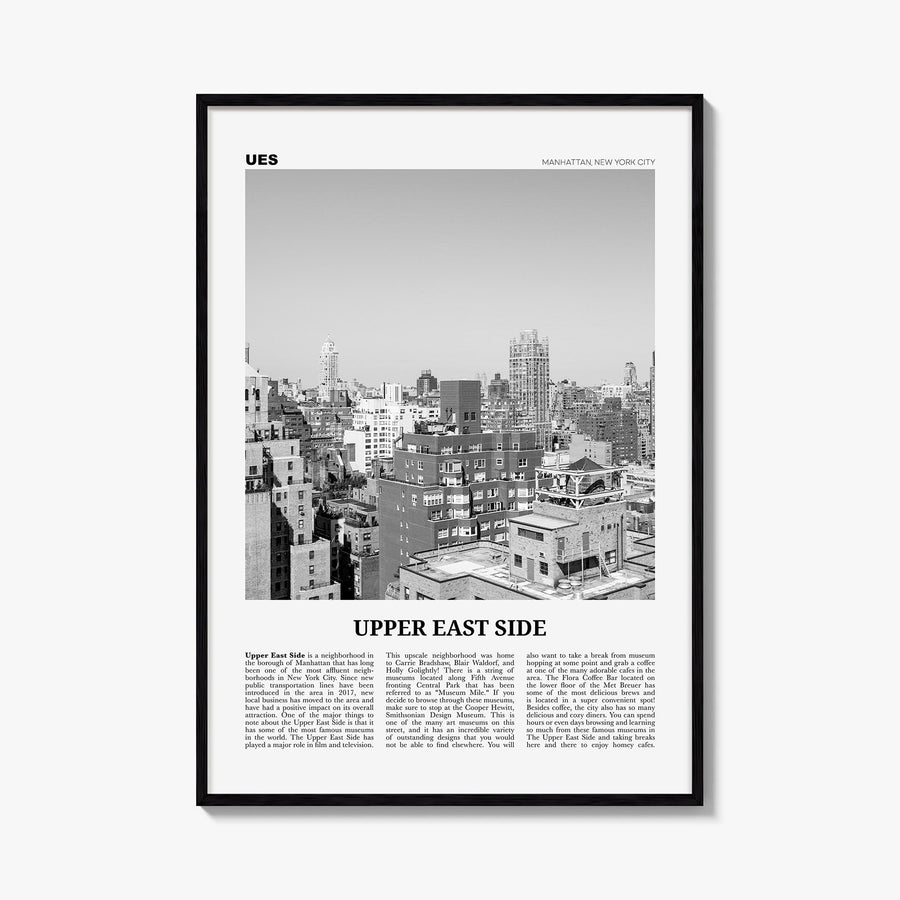 Upper East Side black & white newspaper poster of Manhattan, New York City – vertical wall art, unframed print shown in inter