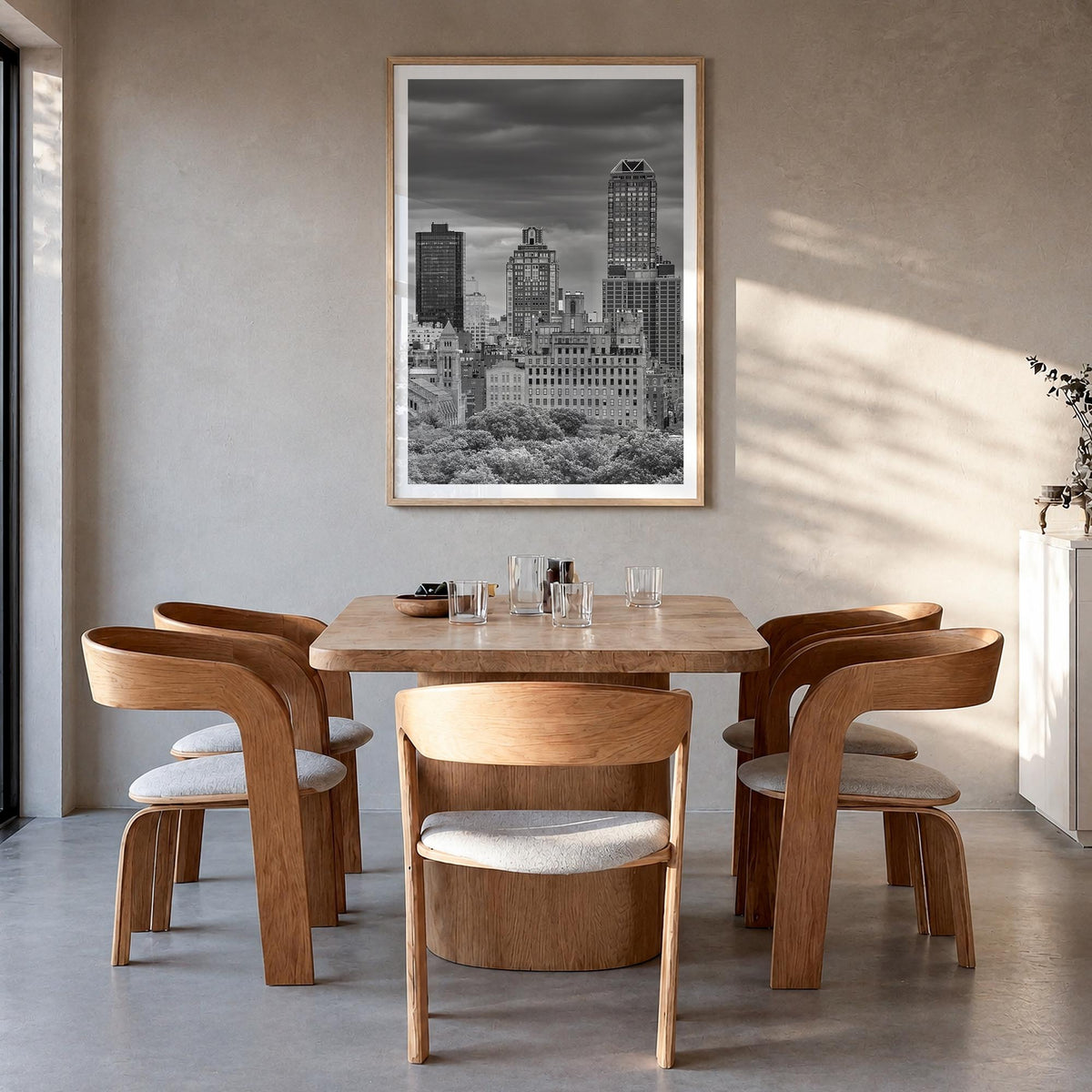 Upper East Side black & white photo poster of Manhattan, New York City – vertical wall art in natural wood frame with white b