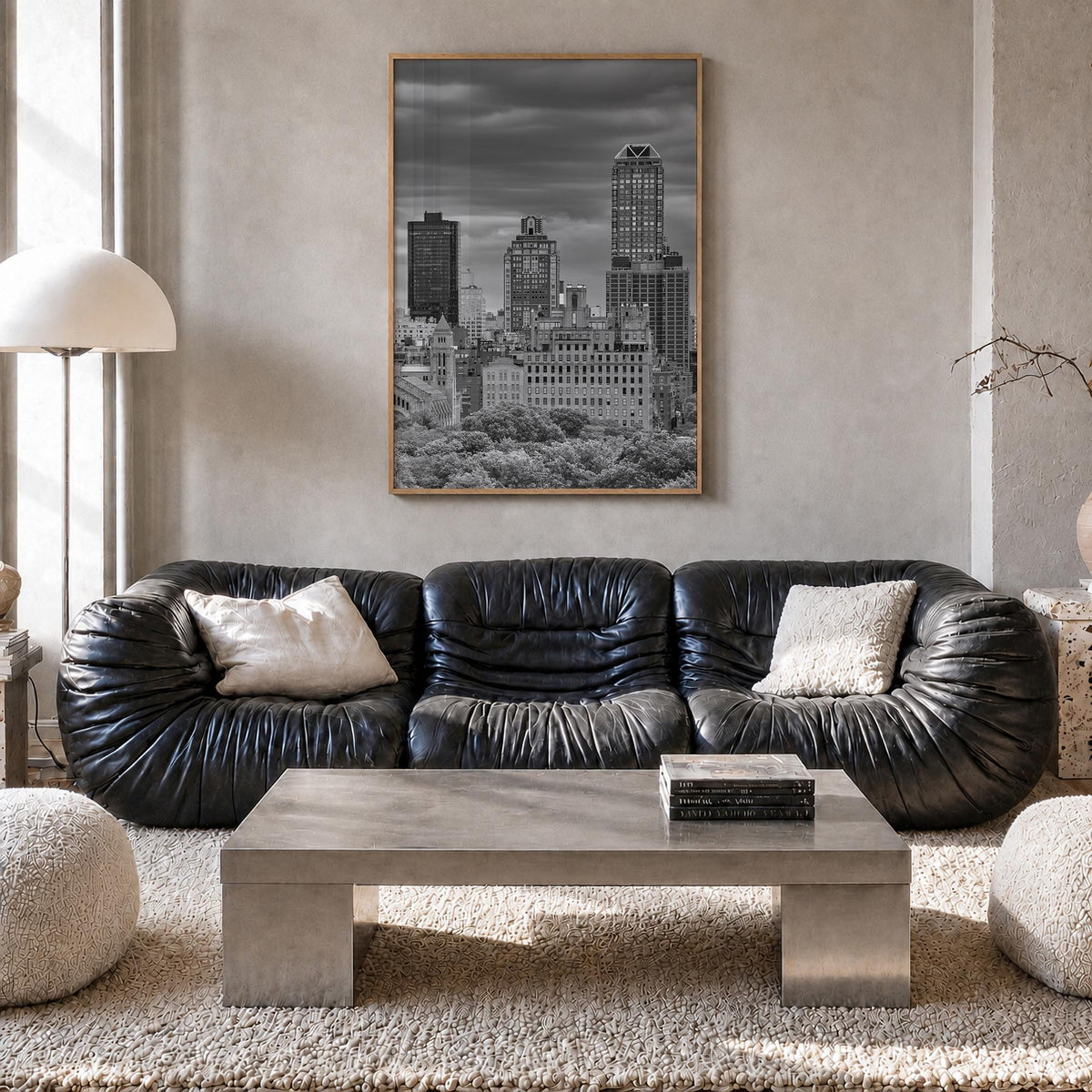 Upper East Side black & white photo poster of Manhattan, New York City – vertical wall art in natural wood frame, hanging on 
