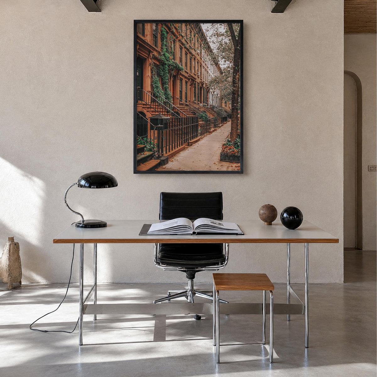 Upper East Side no. 2 colorful photo poster of Manhattan, New York City – vertical wall art in black wood frame, hanging on w