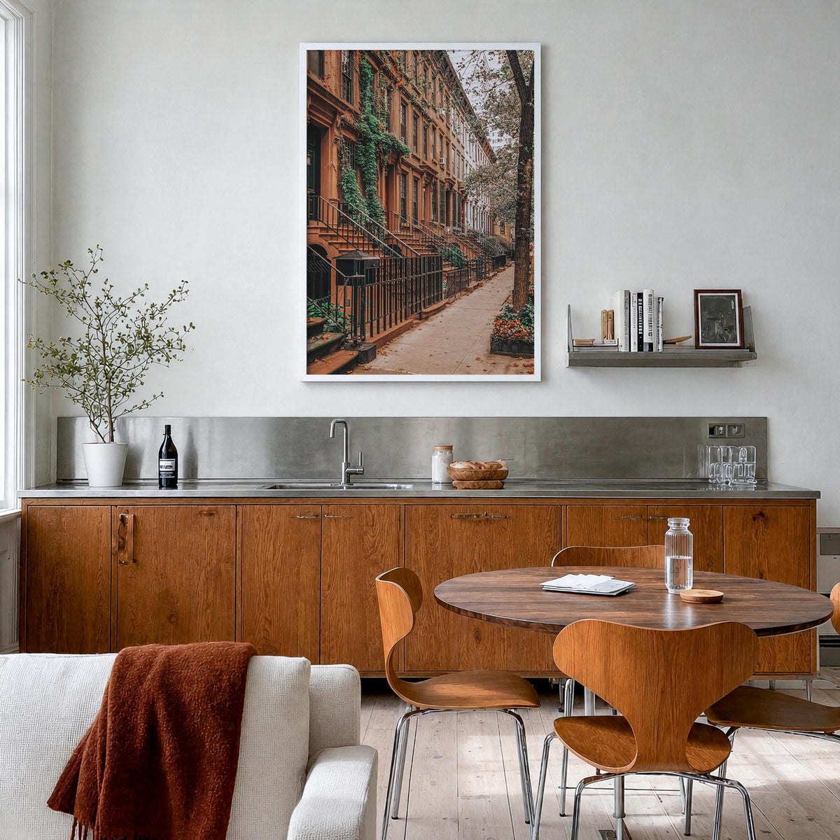 Upper East Side no. 2 colorful photo poster of Manhattan, New York City – vertical wall art in white wood frame, hanging on w