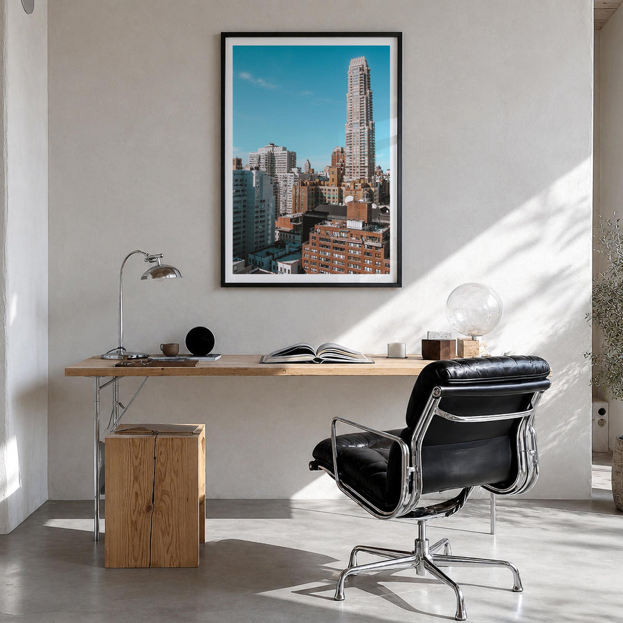 Upper East Side no. 1 colorful photo poster of New York, USA – vertical wall art in black wood frame with white border, hangi