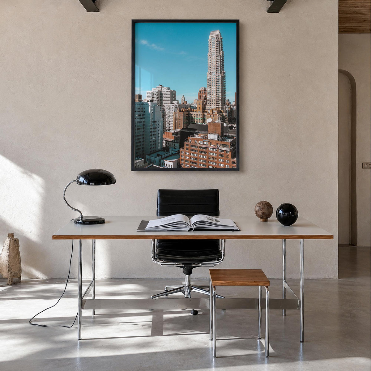 Upper East Side no. 1 colorful photo poster of New York, USA – vertical wall art in black wood frame, hanging on wall