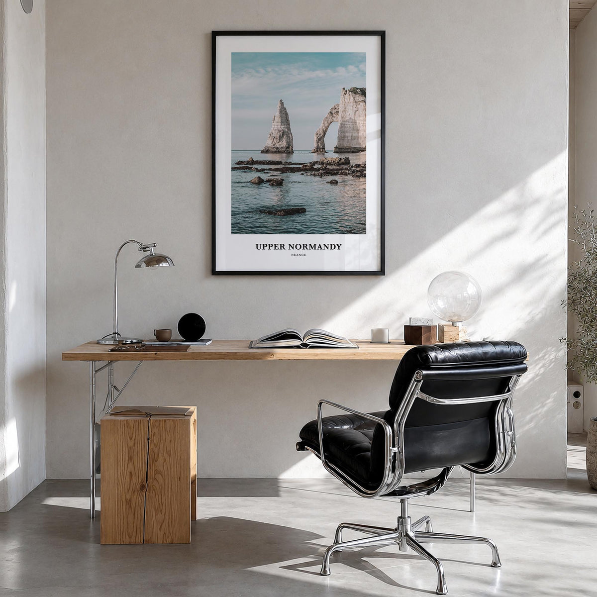 Upper Normandy colorful classic poster of France – vertical wall art in black wood frame, hanging on wall