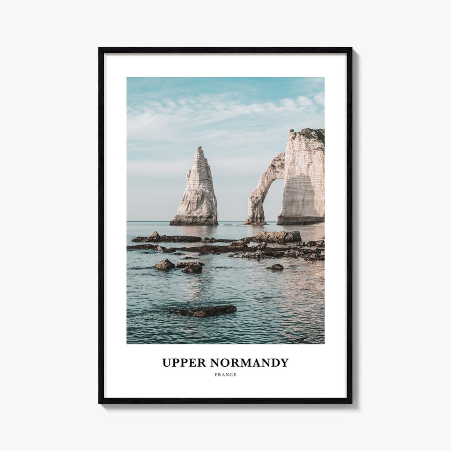 Upper Normandy colorful classic poster of France – vertical wall art, unframed print shown in interior mockup