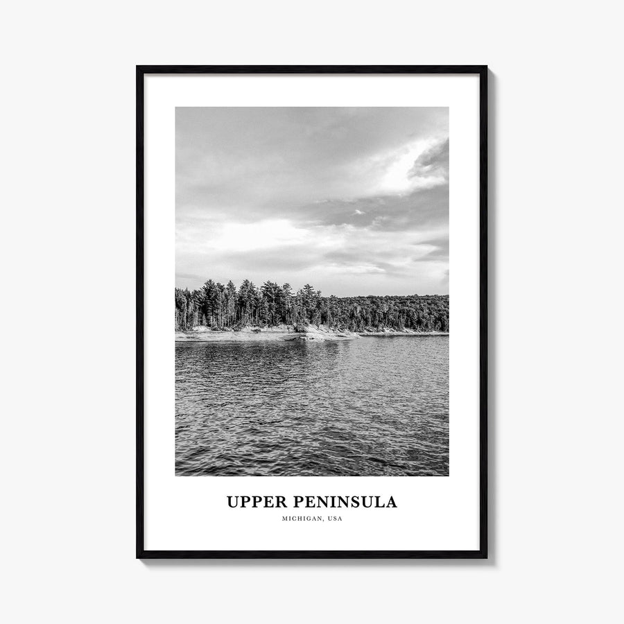 Upper Peninsula black & white classic poster of Michigan, USA – vertical wall art, unframed print shown in interior mockup