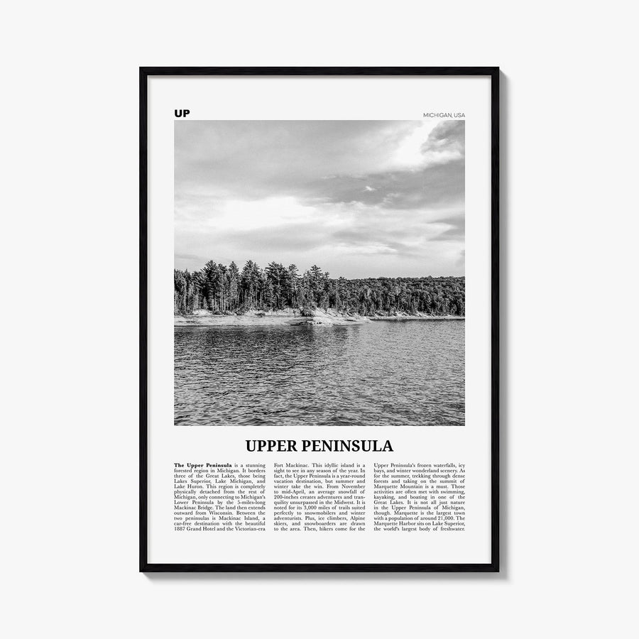 Upper Peninsula black & white newspaper poster of Michigan, USA – vertical wall art, unframed print shown in interior mockup