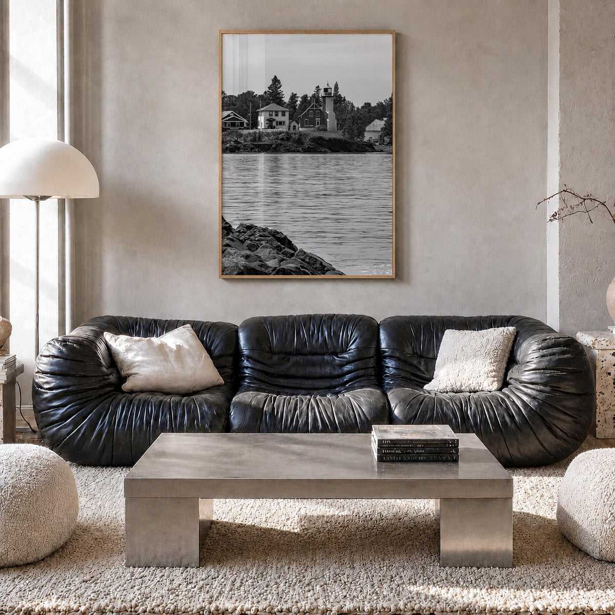 Upper Peninsula black & white photo poster of Michigan, USA – vertical wall art in natural wood frame, hanging on wall