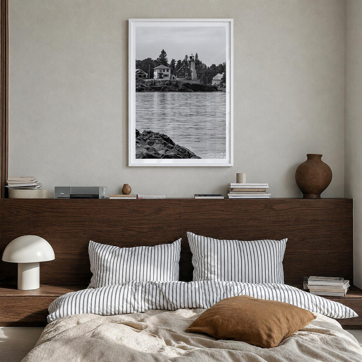 Upper Peninsula black & white photo poster of Michigan, USA – vertical wall art in white wood frame with white border, hangin