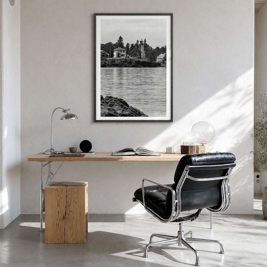 Upper Peninsula Photo Poster in a black wood frame, hanging in a bright home office, white border