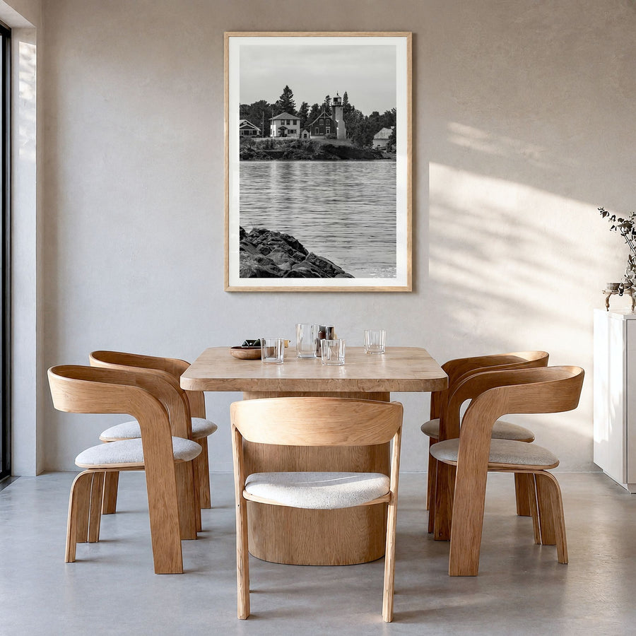 Upper Peninsula Photo Poster in a natural wood frame, hanging in a dining room, white border