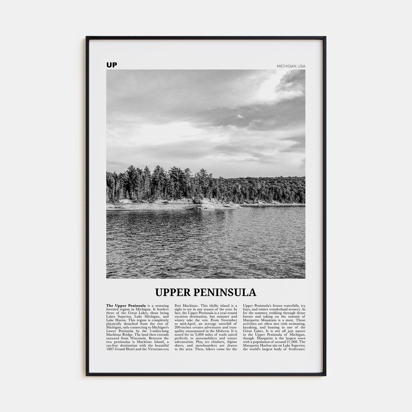 Upper Peninsula Poster Black Metal / 8x12 in Nbourhood Travel B&W Poster