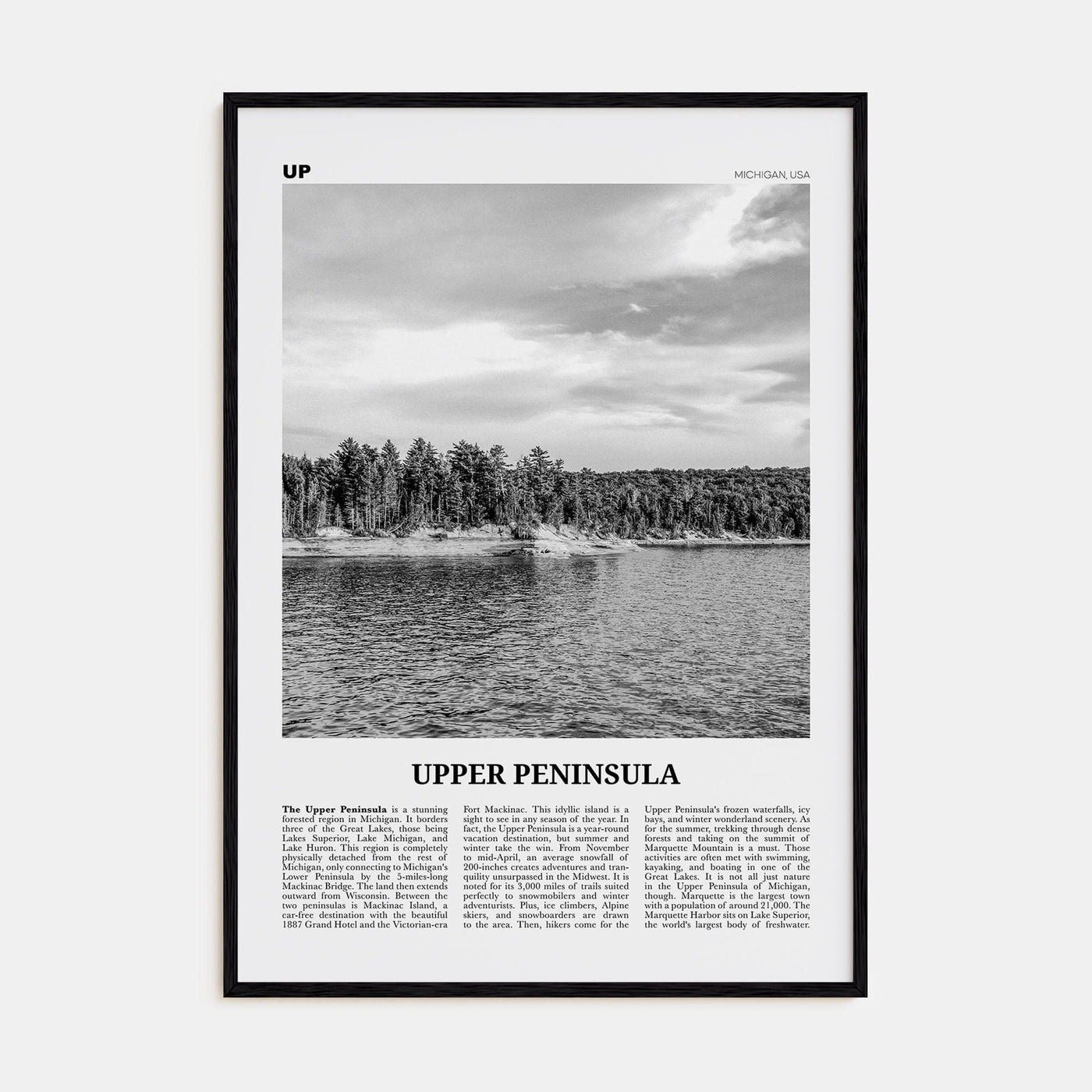 Upper Peninsula Poster Black Wood / 8x12 in Nbourhood Travel B&W Poster