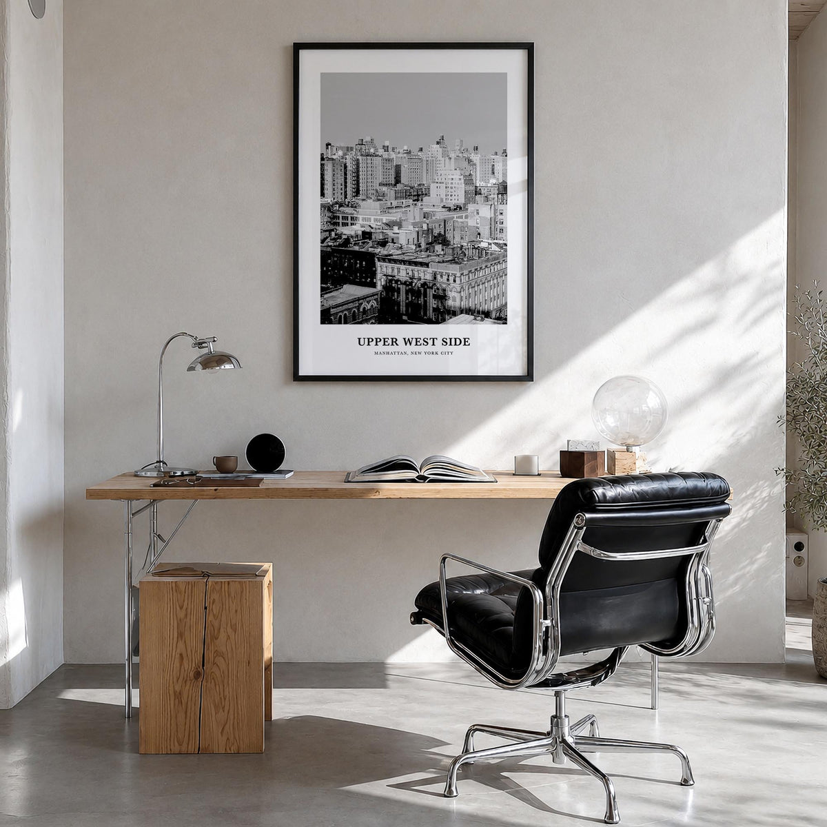 Upper West Side black & white classic poster of Manhattan, New York City – vertical wall art in black wood frame, hanging on 