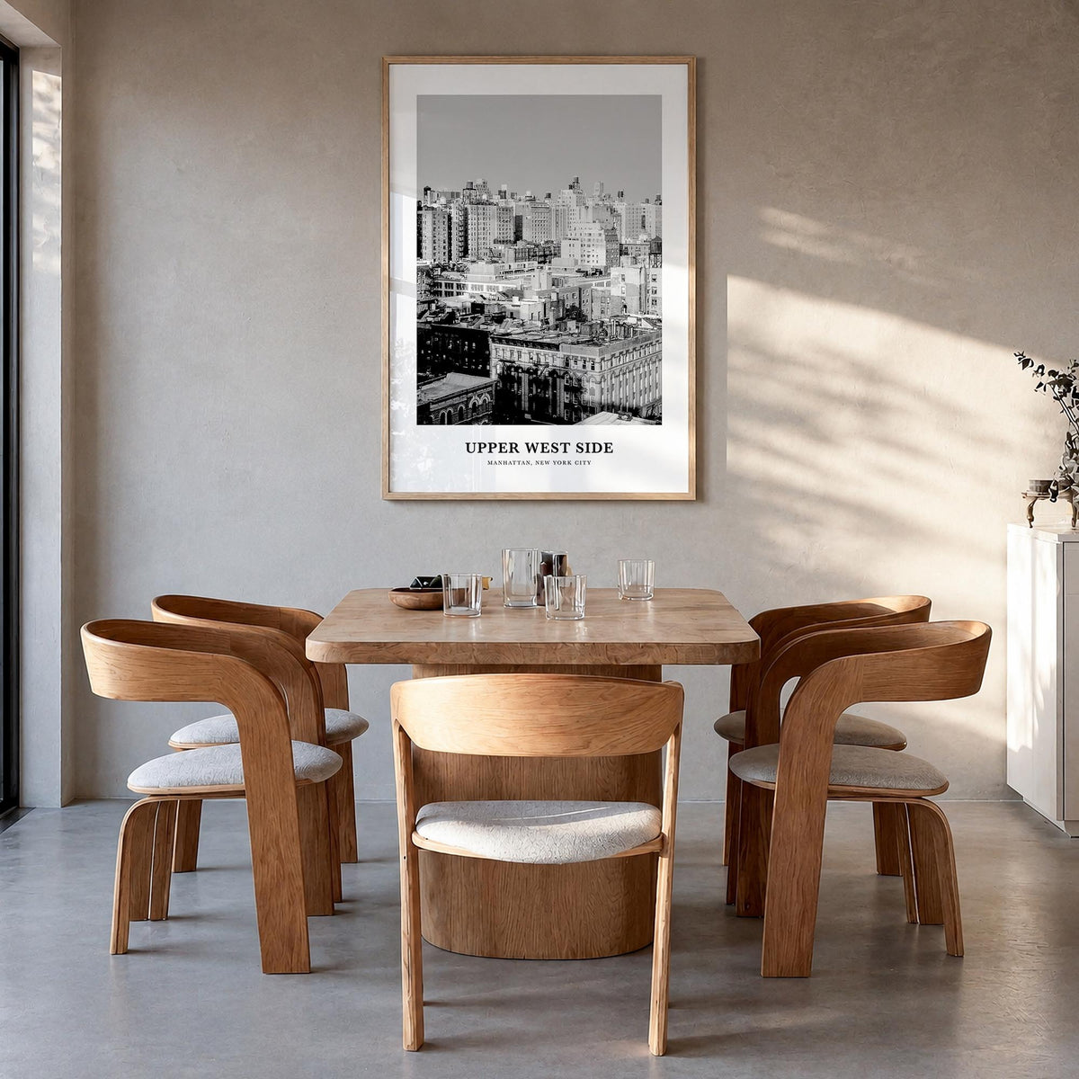 Upper West Side black & white classic poster of Manhattan, New York City – vertical wall art in natural wood frame, hanging o