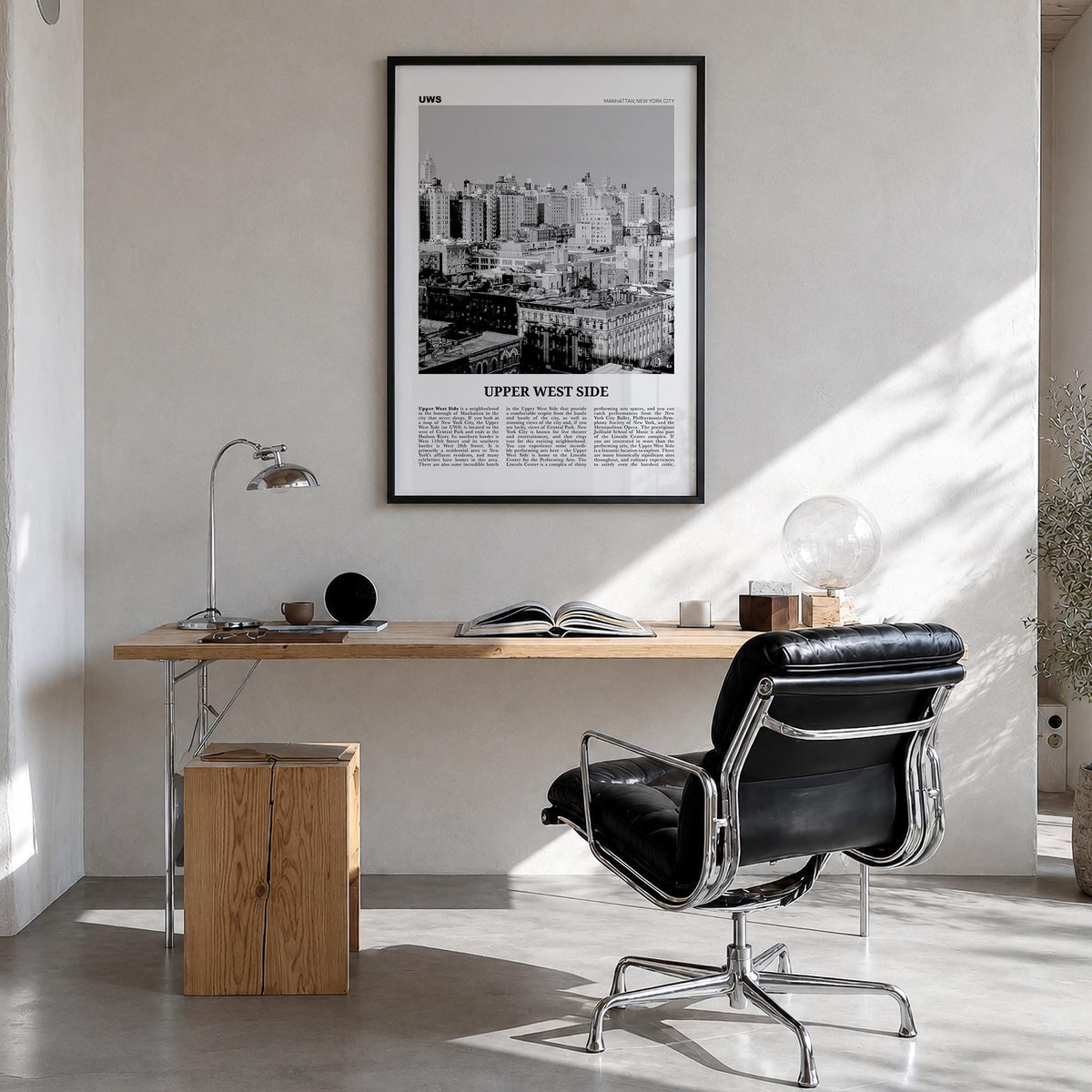 Upper West Side black & white newspaper poster of Manhattan, New York City – vertical wall art in black wood frame, hanging o