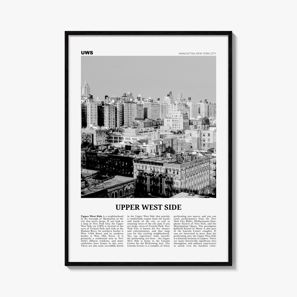 Upper West Side black & white newspaper poster of Manhattan, New York City – vertical wall art, unframed print shown in inter