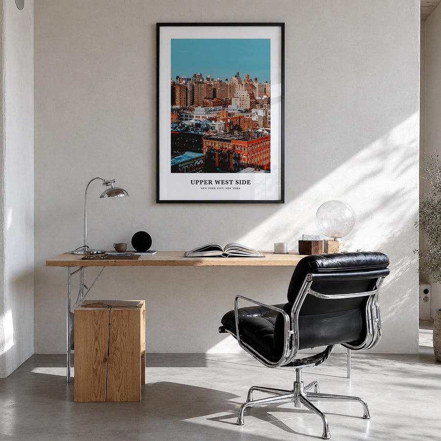 Upper West Side colorful classic poster of Manhattan, New York City – vertical wall art in black wood frame, hanging on wall
