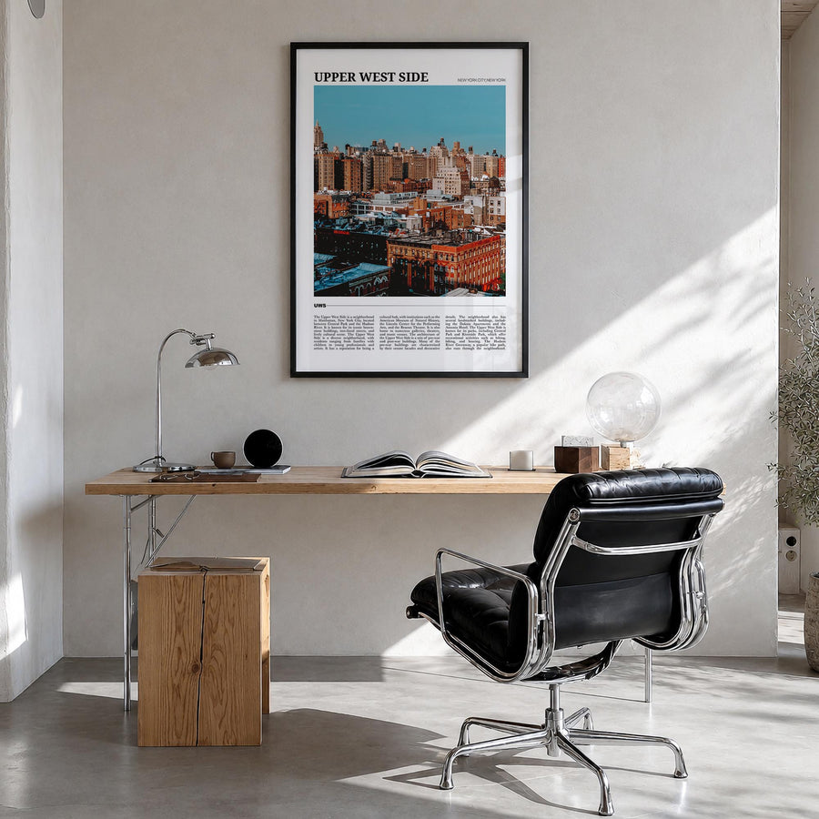 Upper West Side colorful travel poster of Manhattan, New York City – vertical wall art in black wood frame, hanging on wall