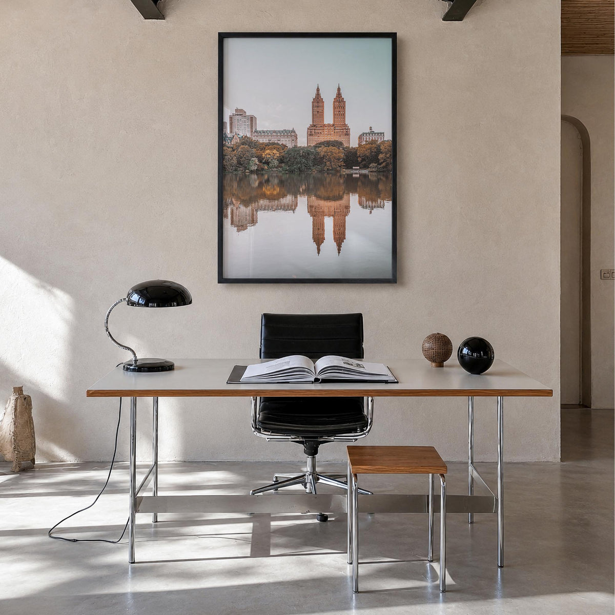 Upper West Side no. 1 colorful photo poster of Manhattan, New York City – vertical wall art in black wood frame, hanging on w