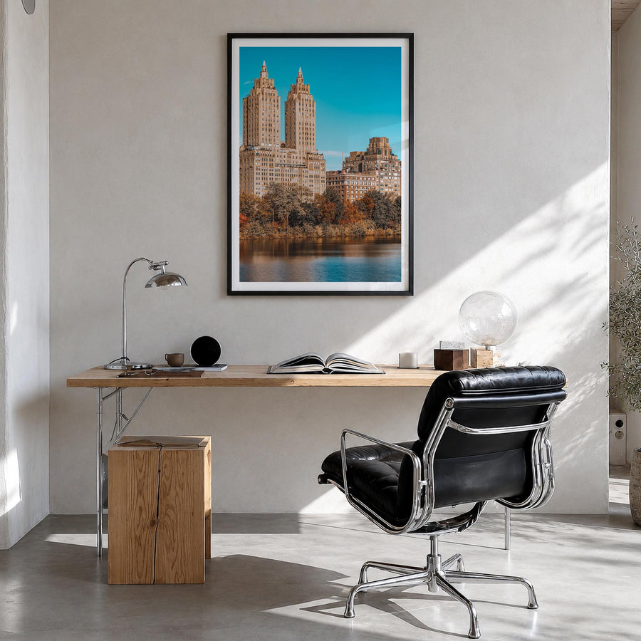 Upper West Side no. 2 colorful photo poster of Manhattan, New York City – vertical wall art in black wood frame with white bo