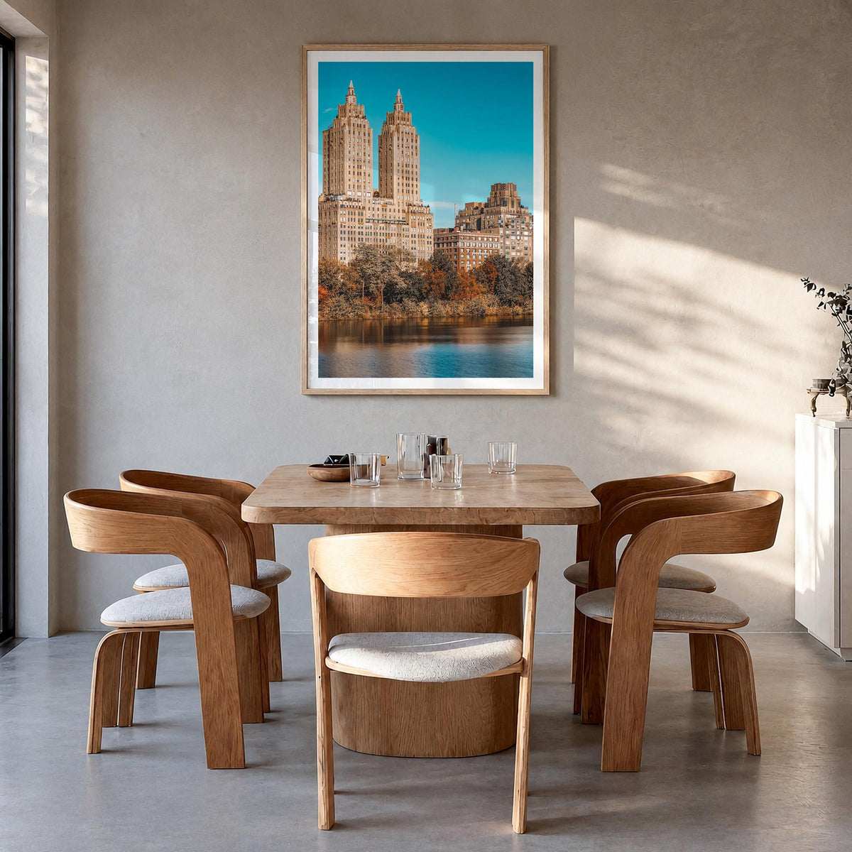 Upper West Side no. 2 colorful photo poster of Manhattan, New York City – vertical wall art in natural wood frame with white 
