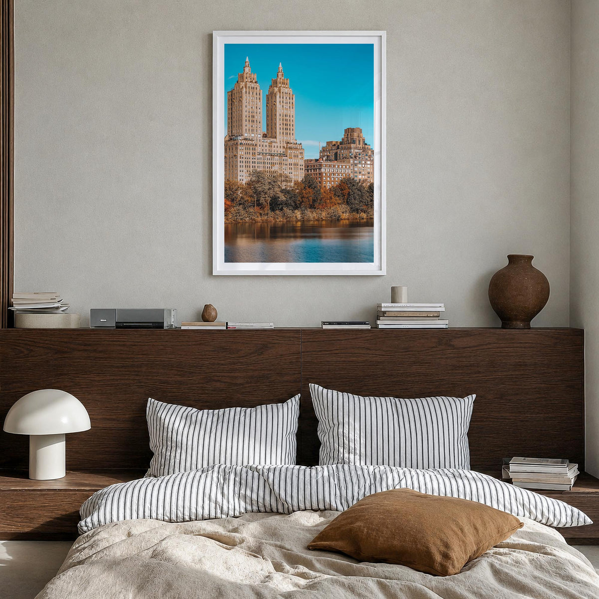 Upper West Side no. 2 colorful photo poster of Manhattan, New York City – vertical wall art in white wood frame with white bo