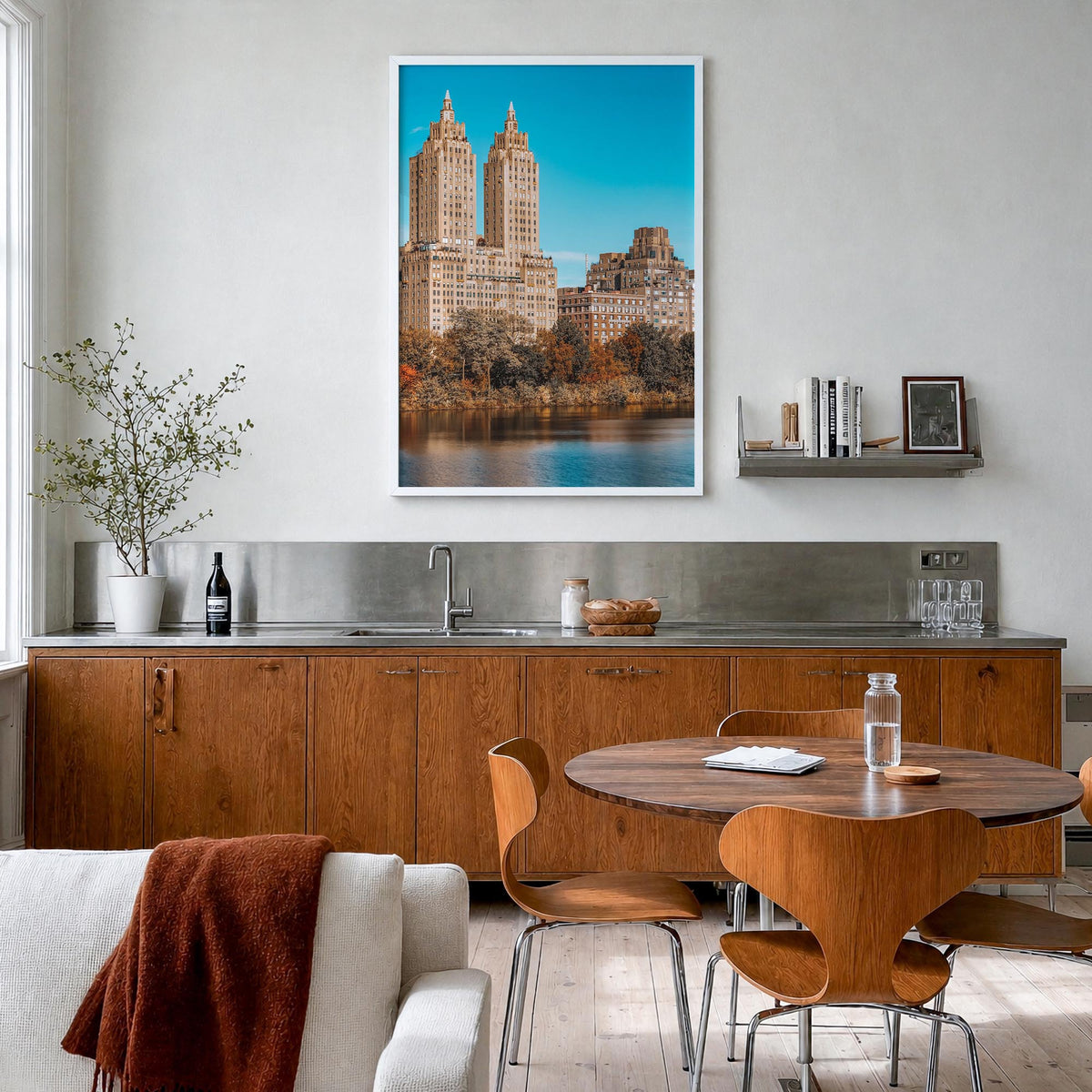 Upper West Side no. 2 colorful photo poster of Manhattan, New York City – vertical wall art in white wood frame, hanging on w
