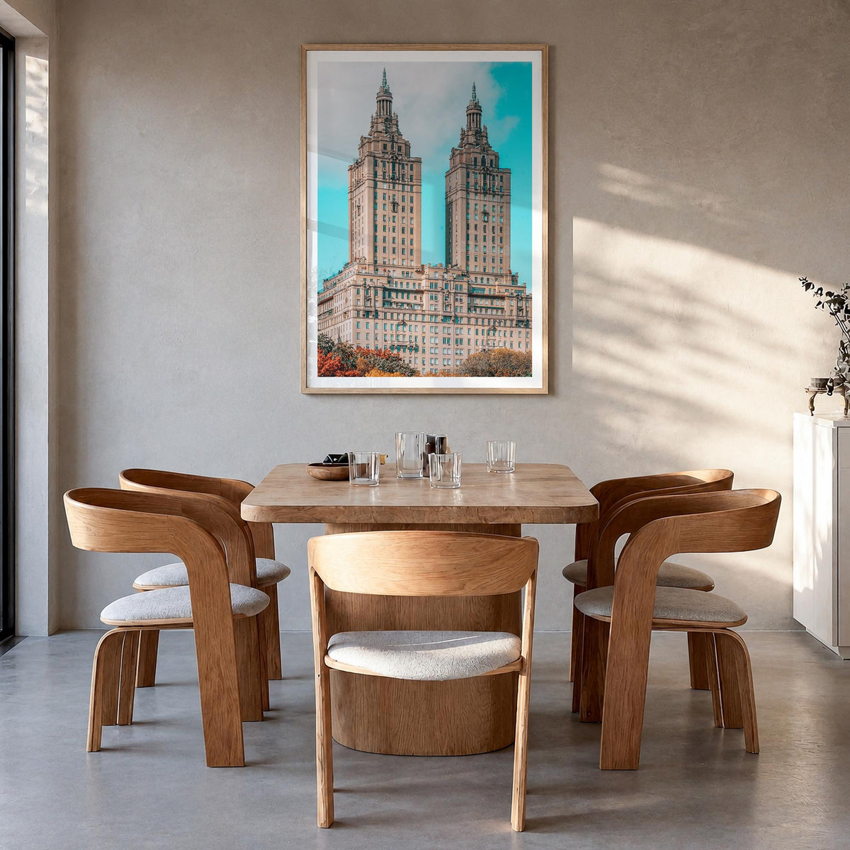 Upper West Side no. 3 colorful photo poster of New York, USA – vertical wall art in natural wood frame with white border, han