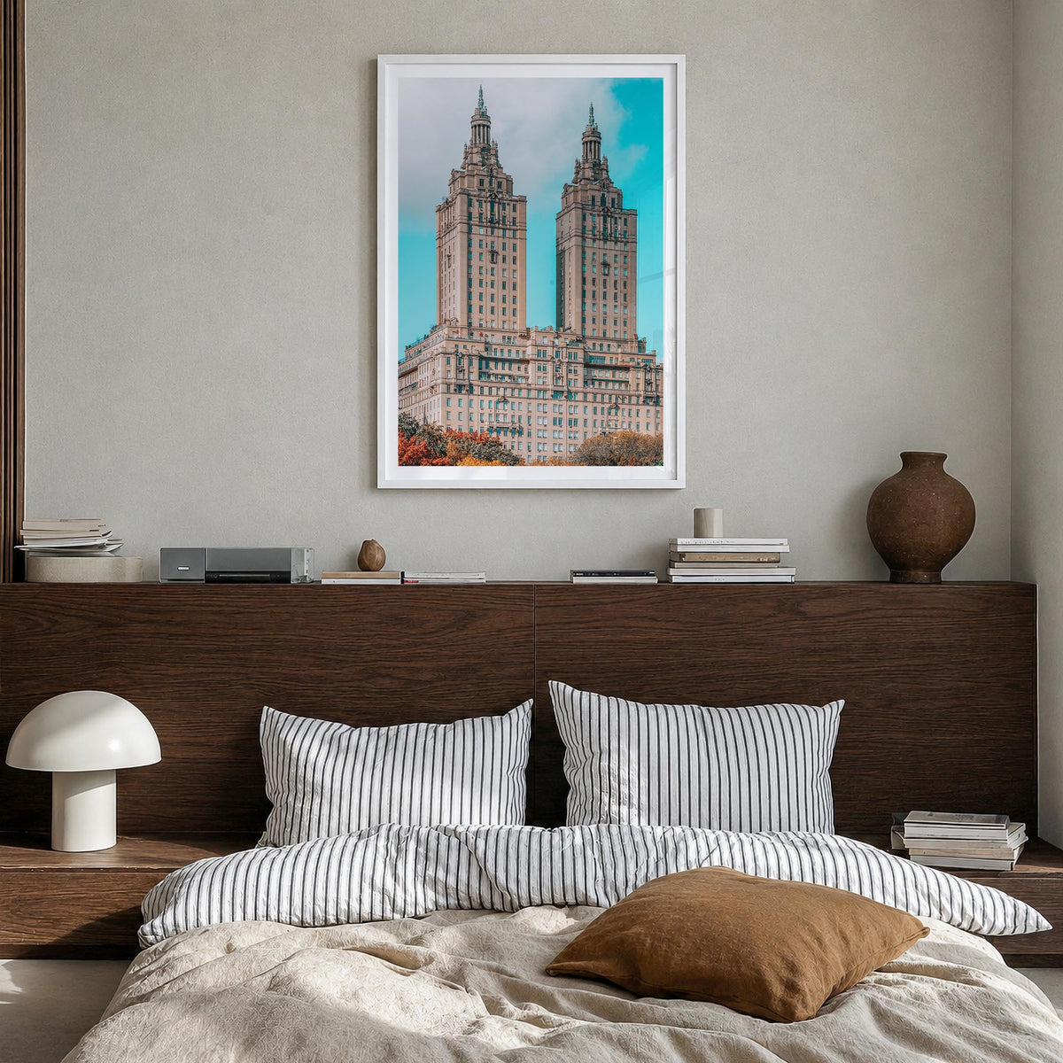 Upper West Side no. 3 colorful photo poster of New York, USA – vertical wall art in white wood frame with white border, hangi