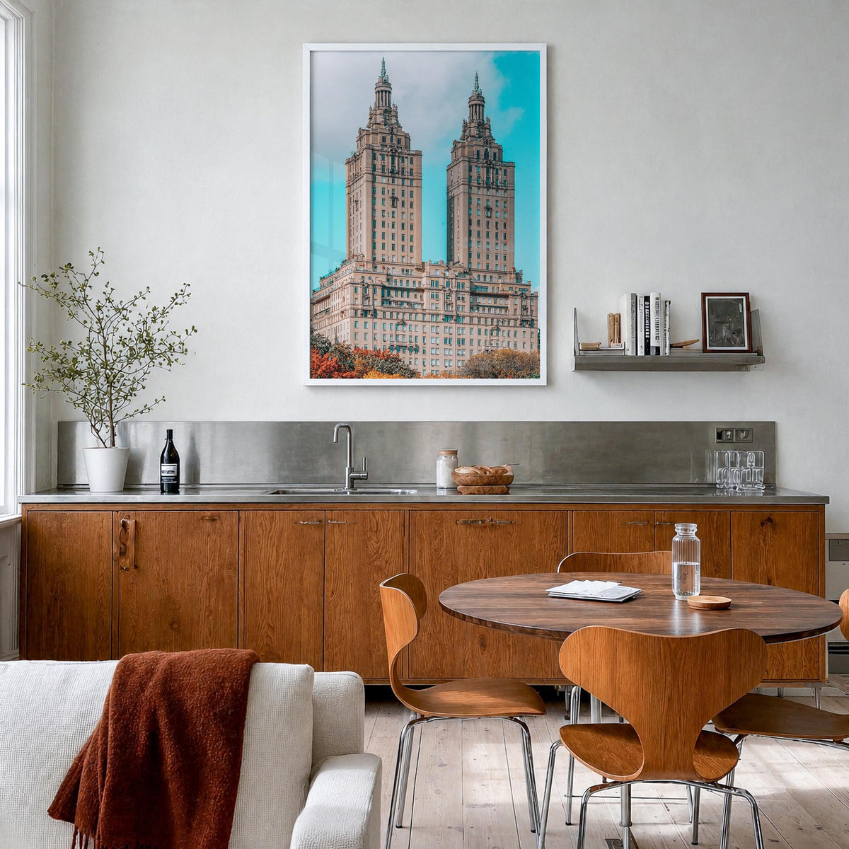 Upper West Side no. 3 colorful photo poster of New York, USA – vertical wall art in white wood frame, hanging on wall