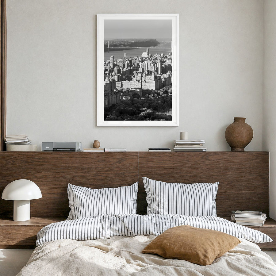 Upper West Side Photo No 1 Poster in a white wood frame, hanging in a bedroom, white border