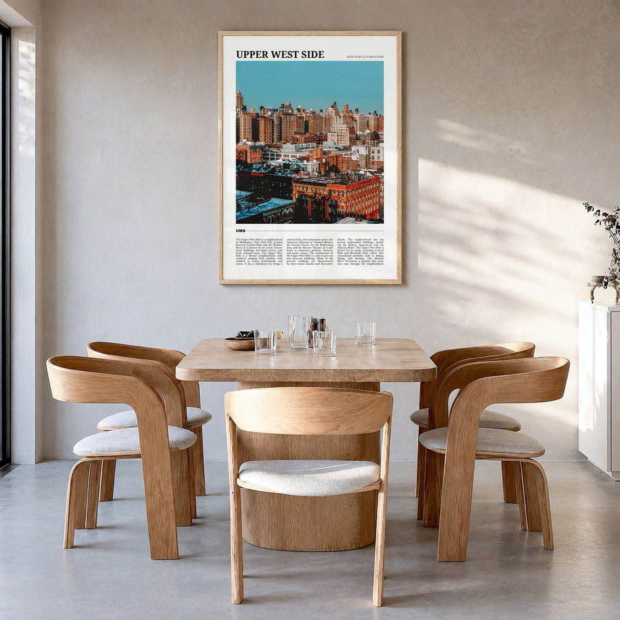 Upper West Side Travel Poster in a natural wood frame, hanging in a dining room