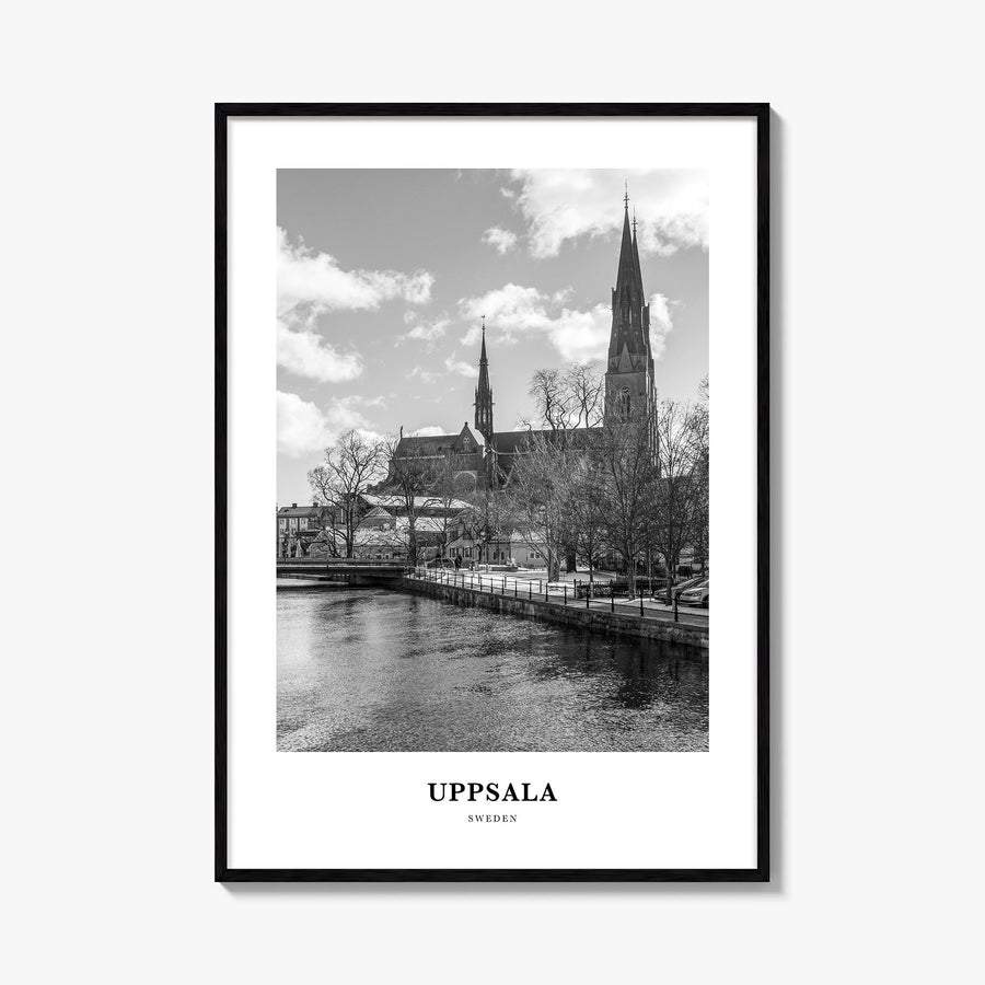 Uppsala black & white classic poster of Sweden – vertical wall art, unframed print shown in interior mockup