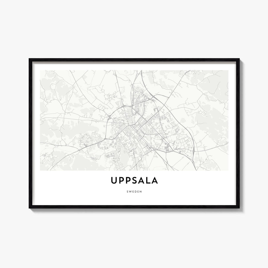 Uppsala black & white map poster of Sweden – horizontal wall art, unframed print shown in interior mockup