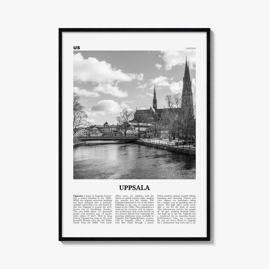 Uppsala black & white newspaper poster of Sweden – vertical wall art, unframed print shown in interior mockup