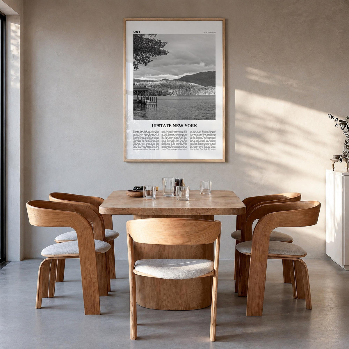 Upstate New York black & white newspaper poster of New York, USA – vertical wall art in natural wood frame, hanging on wall