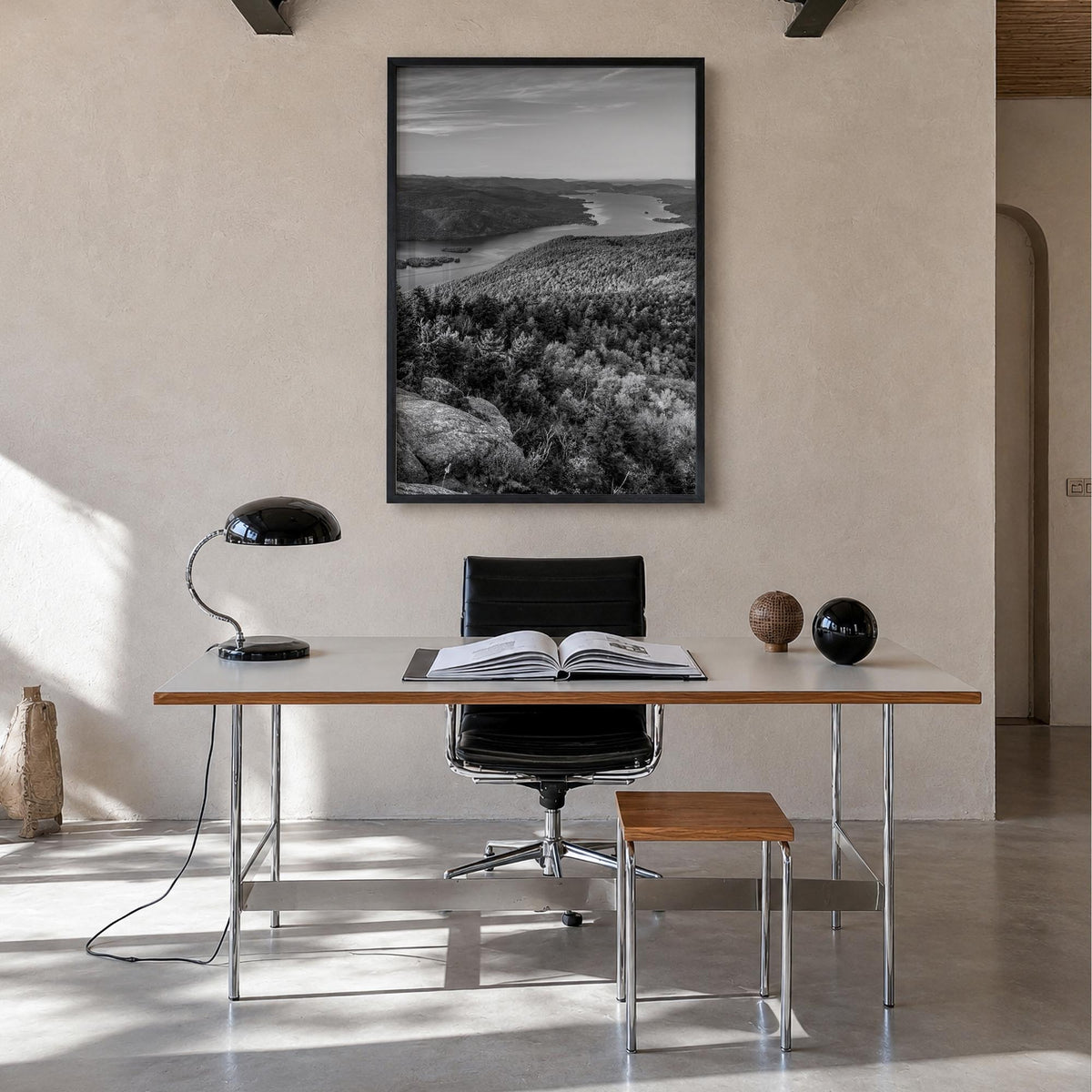 Upstate New York black & white photo poster of New York, USA – vertical wall art in black wood frame, hanging on wall