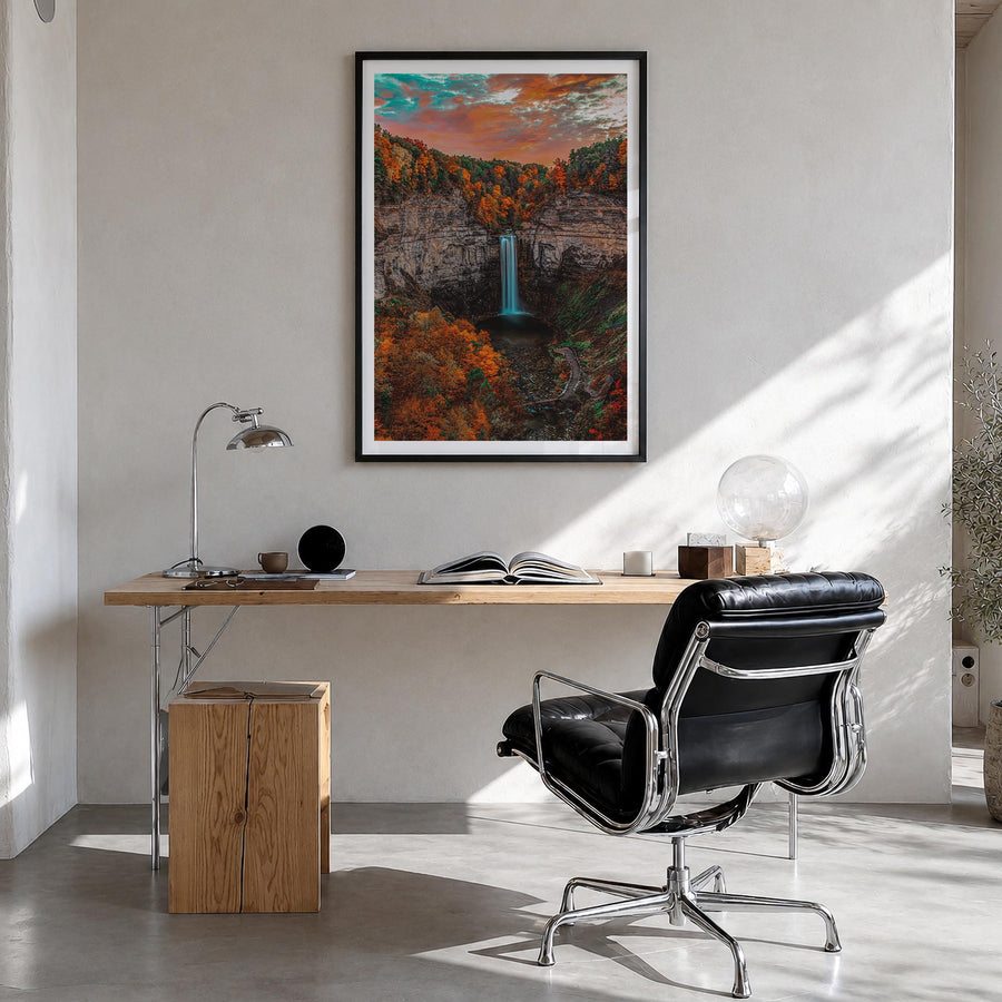 Upstate New York colorful photo poster of New York, USA – vertical wall art in black wood frame with white border, hanging on