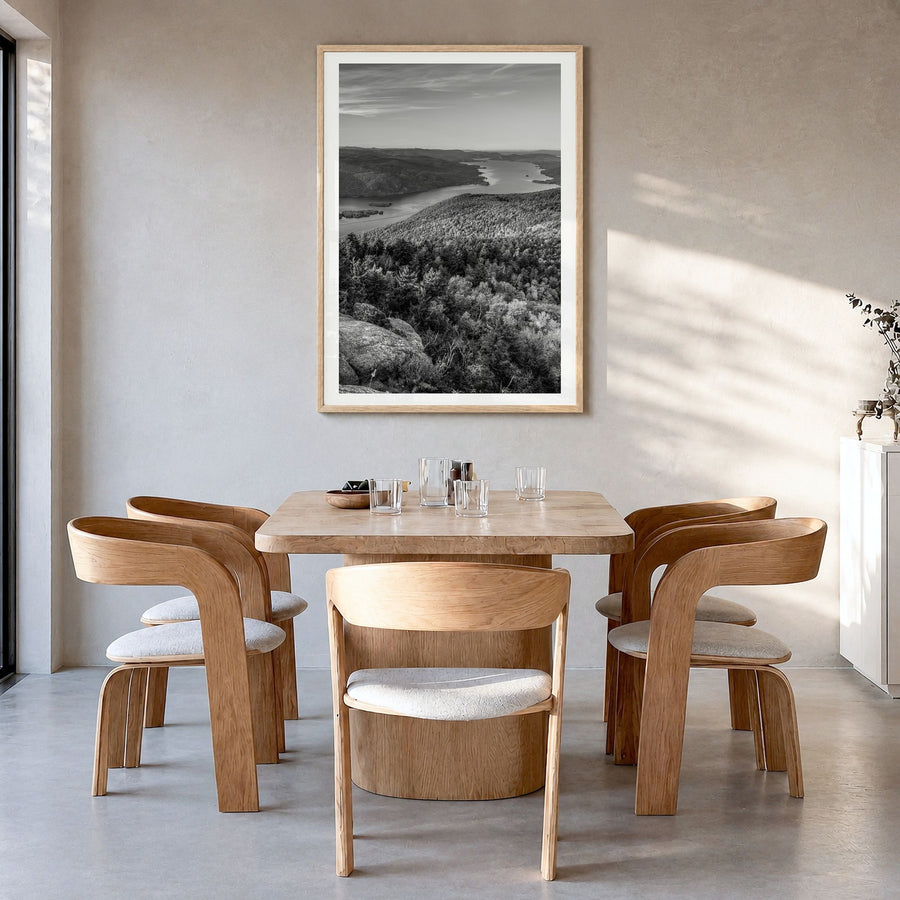 Upstate New York Photo Poster in a natural wood frame, hanging in a dining room, white border